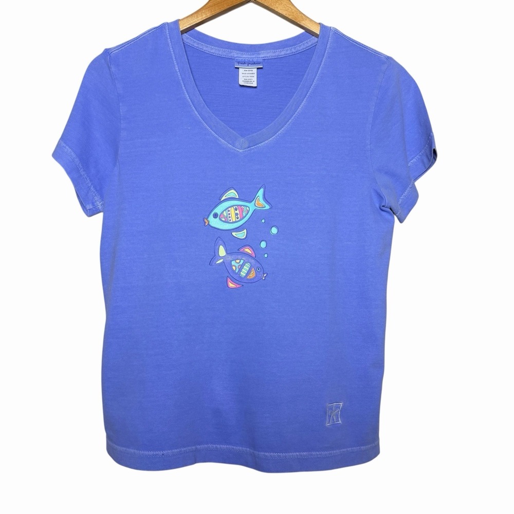Fresh Produce Womens Fish Graphic V Neck Tee XS Purple 100% Cotton Coastal Beach - Picture 3 of 9